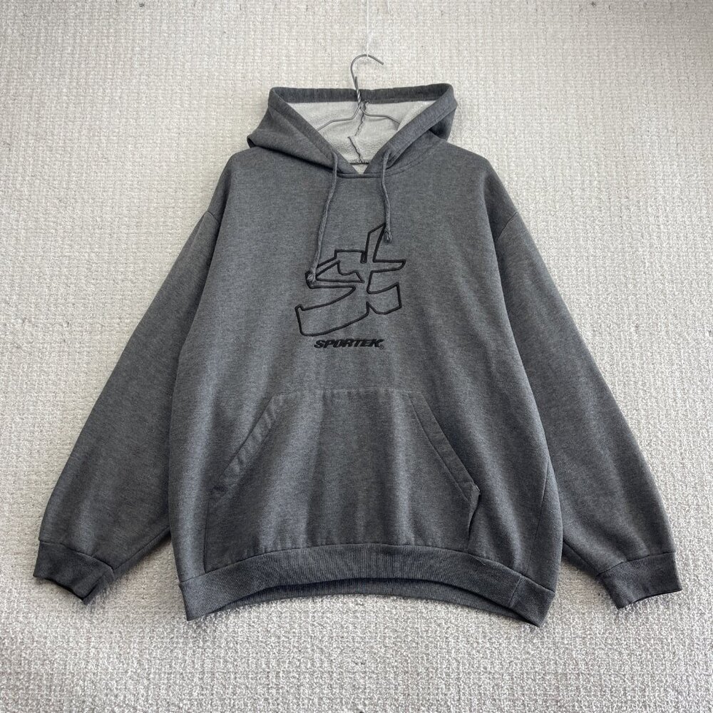 Y2K Sportek Pullover Hoodie Gray Graffiti Style Script Spell out Logo Read